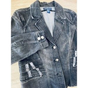 Baccini Jean Jacket Women's XL Dark Gray Blue Wash Notched Collar Long Sleeve